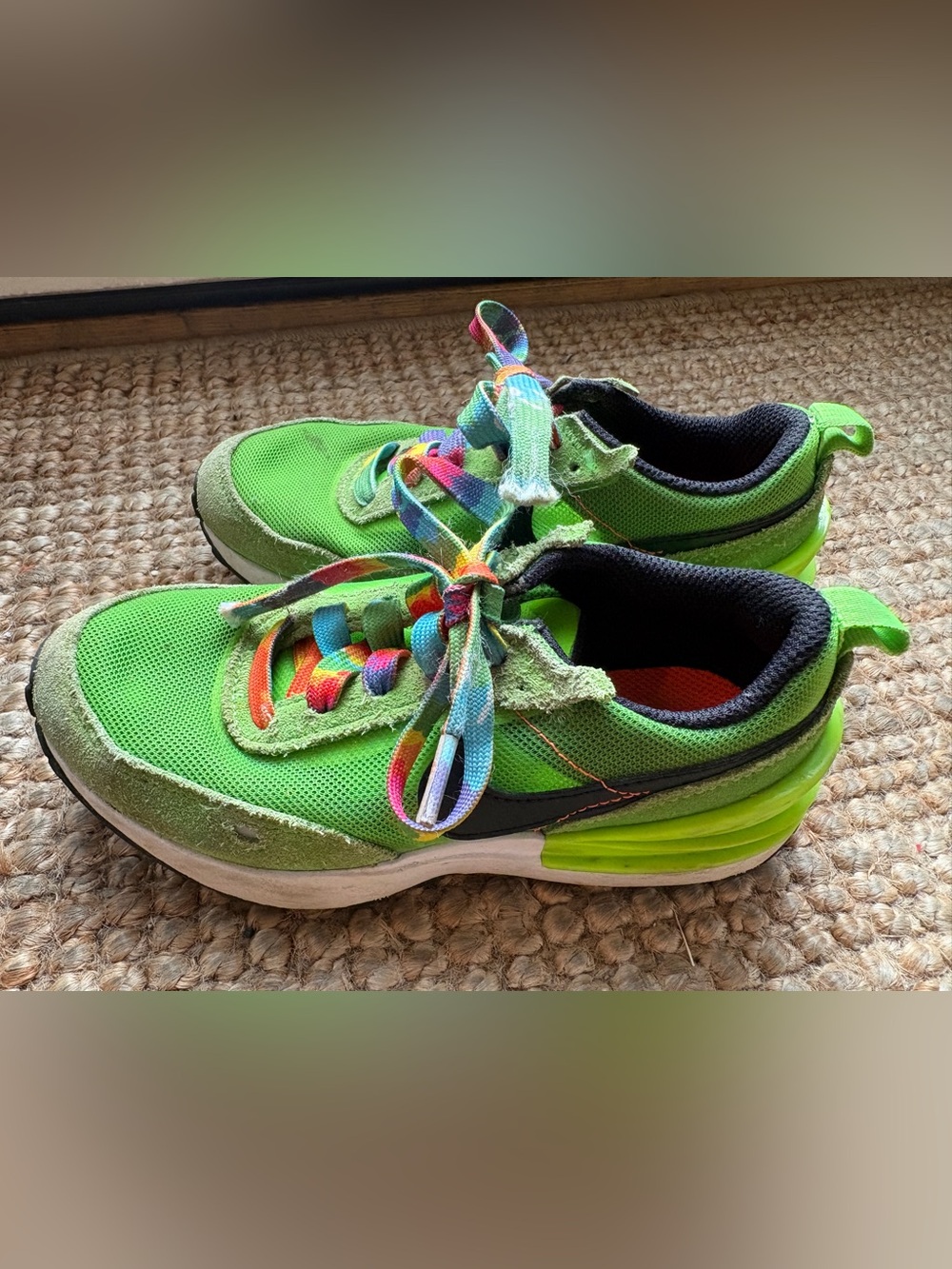 Kids Bright Green Nike Sneakers with Rainbow Laces